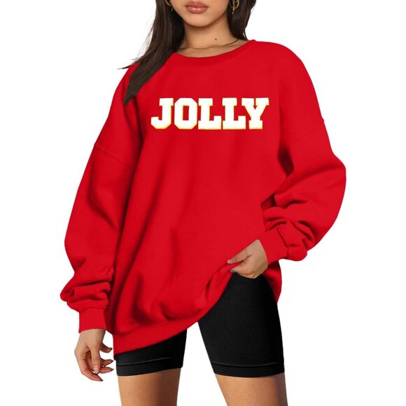 Sweaters - Women Christmas Sweatshirt Glitter Patch Letter Embroidered Striped Pullover